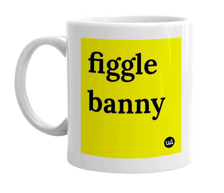White mug with 'figgle banny' in bold black letters