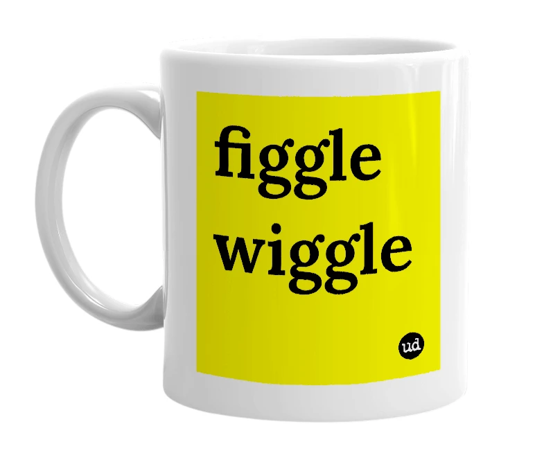 White mug with 'figgle wiggle' in bold black letters
