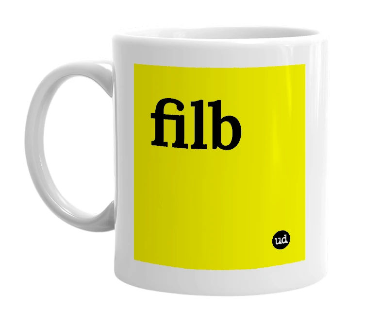 White mug with 'filb' in bold black letters