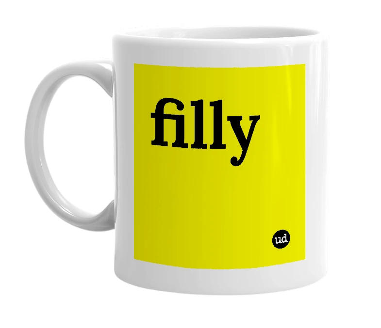 White mug with 'filly' in bold black letters