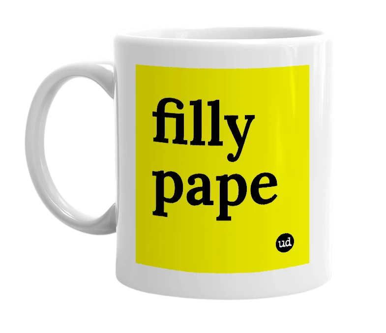 White mug with 'filly pape' in bold black letters