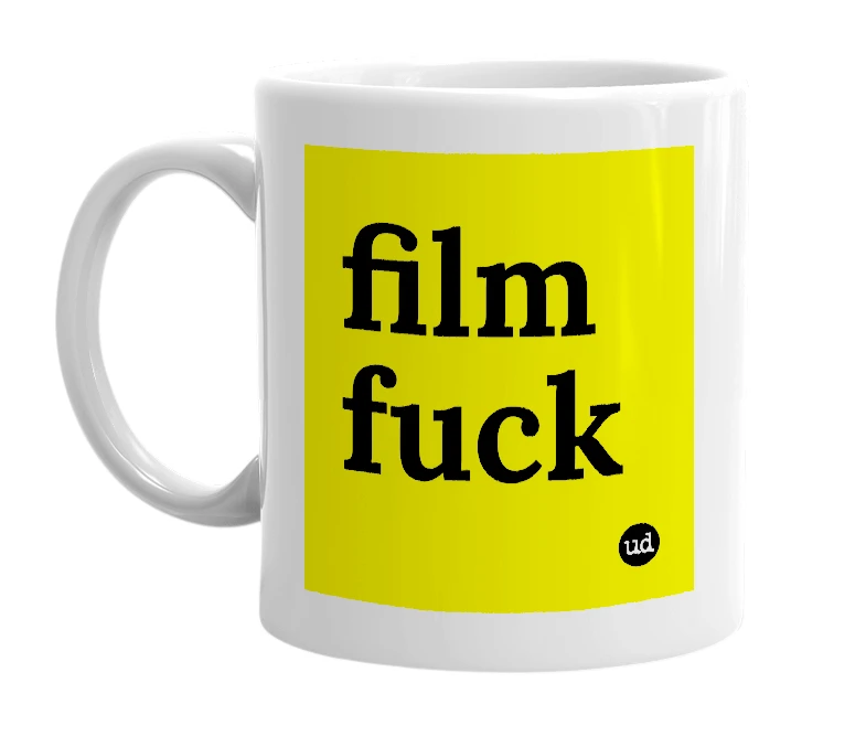 White mug with 'film fuck' in bold black letters