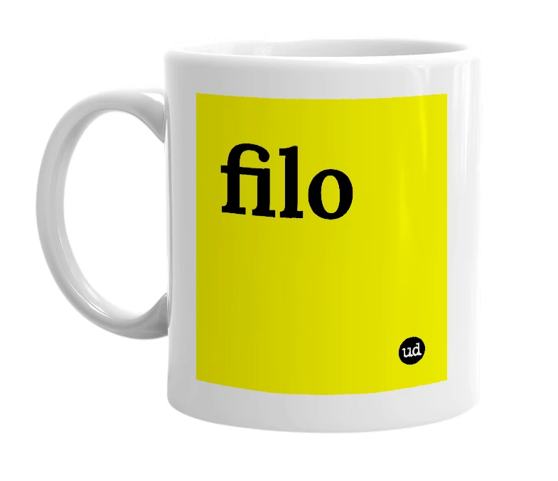 White mug with 'filo' in bold black letters