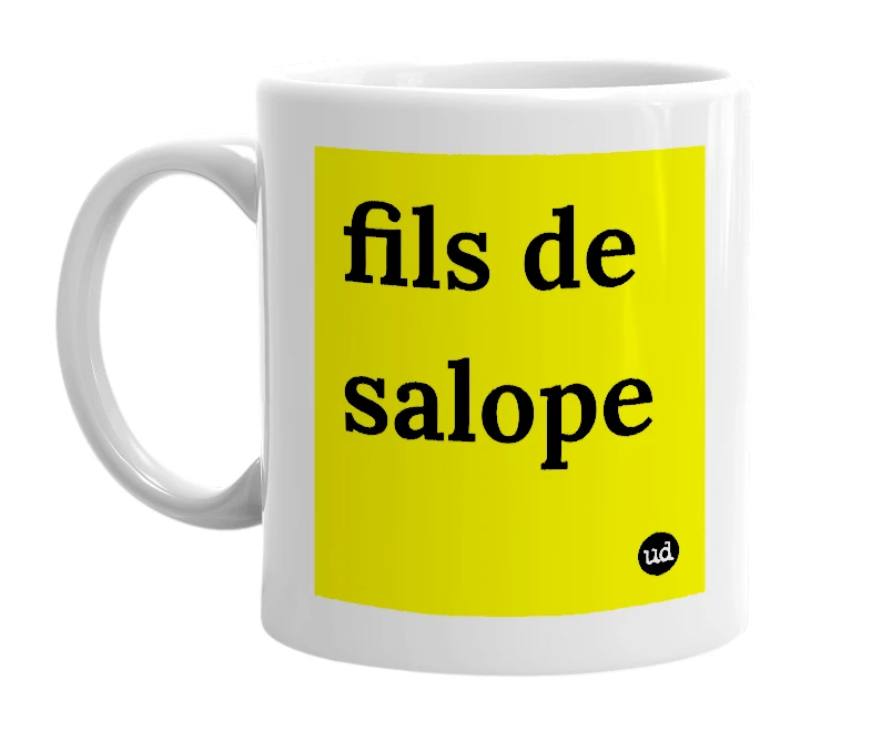 White mug with 'fils de salope' in bold black letters