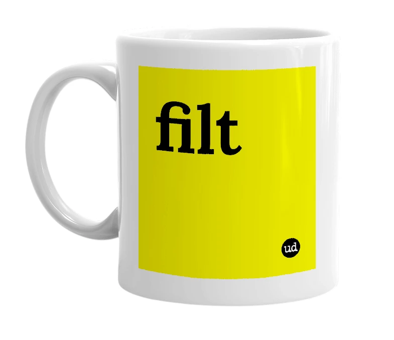 White mug with 'filt' in bold black letters