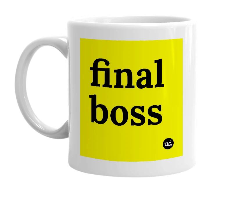 White mug with 'final boss' in bold black letters