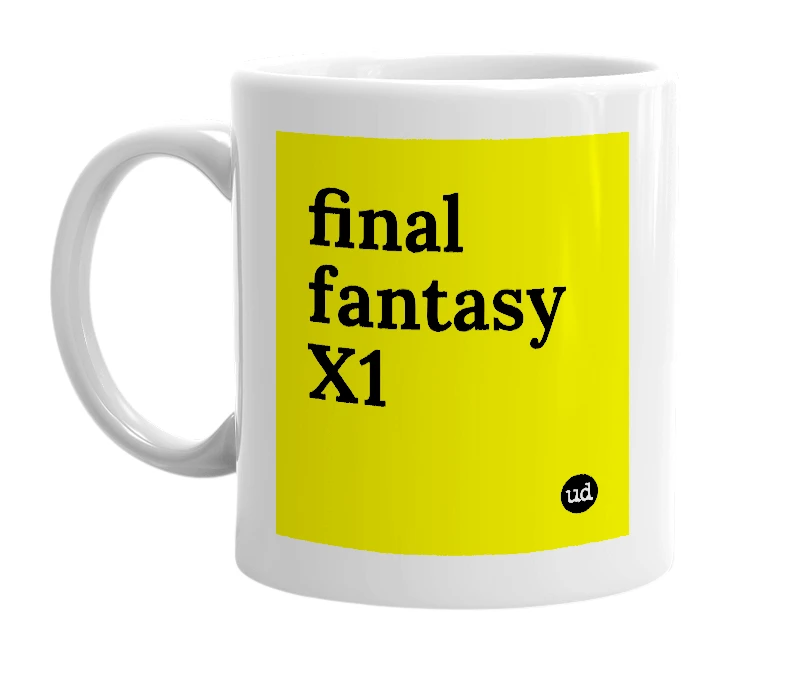 White mug with 'final fantasy X1' in bold black letters