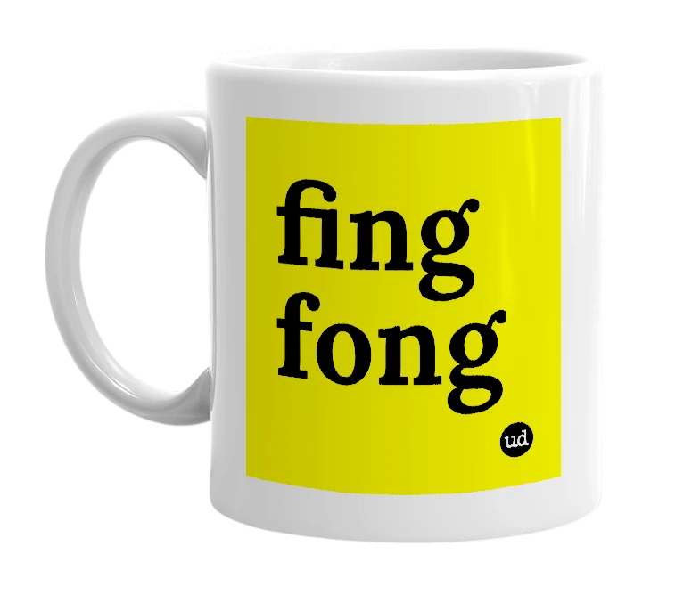 White mug with 'fing fong' in bold black letters