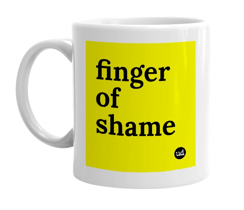 White mug with 'finger of shame' in bold black letters