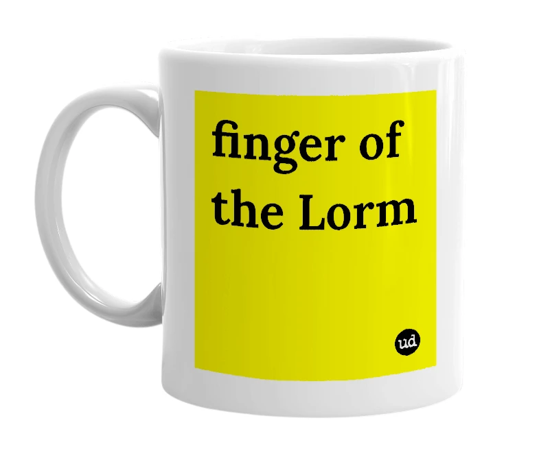 White mug with 'finger of the Lorm' in bold black letters