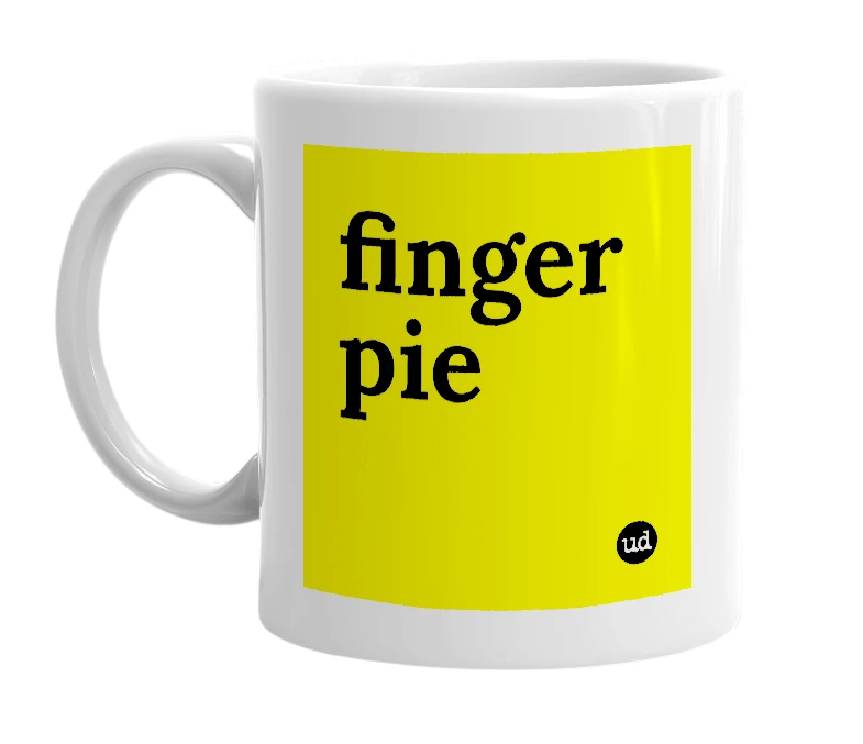 White mug with 'finger pie' in bold black letters