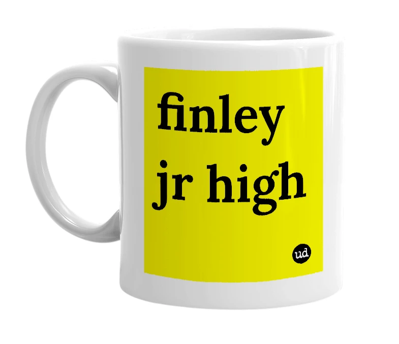 White mug with 'finley jr high' in bold black letters