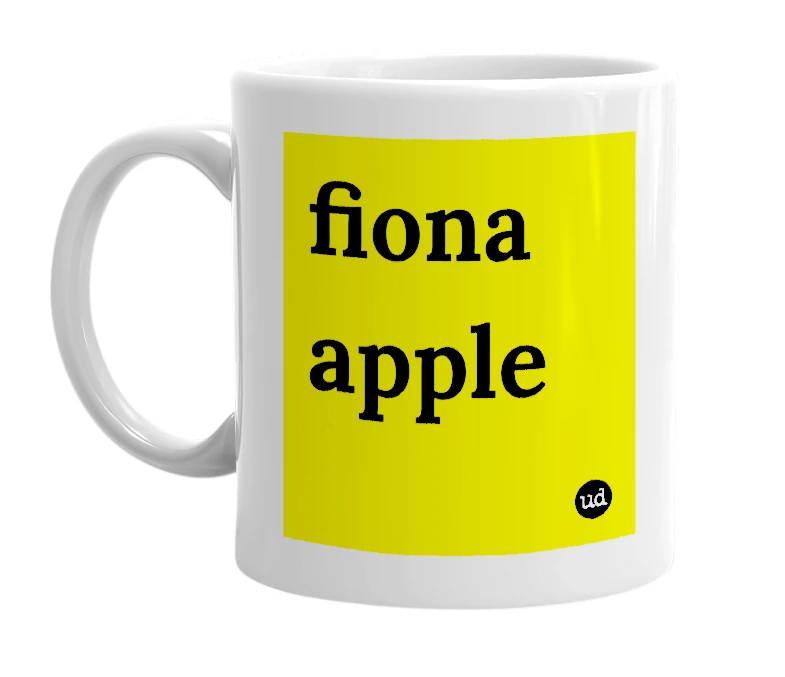 White mug with 'fiona apple' in bold black letters