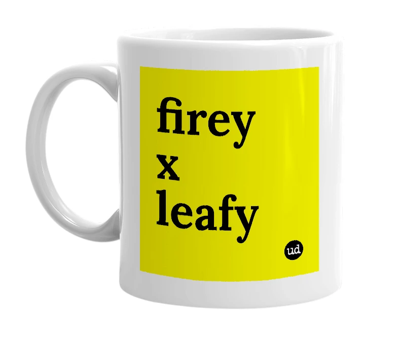 White mug with 'firey x leafy' in bold black letters