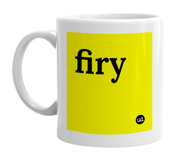 White mug with 'firy' in bold black letters