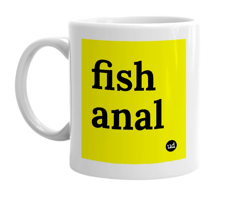 White mug with 'fish anal' in bold black letters