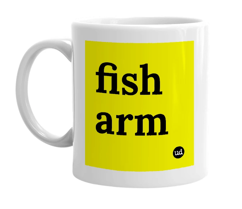 White mug with 'fish arm' in bold black letters