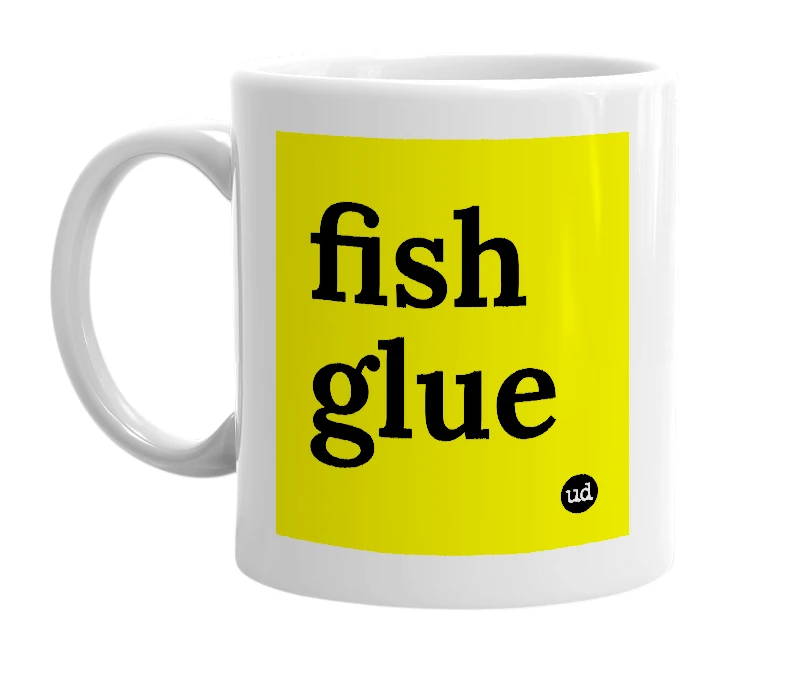 White mug with 'fish glue' in bold black letters