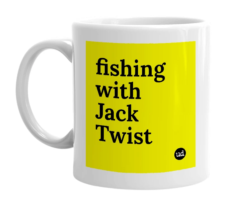 White mug with 'fishing with Jack Twist' in bold black letters