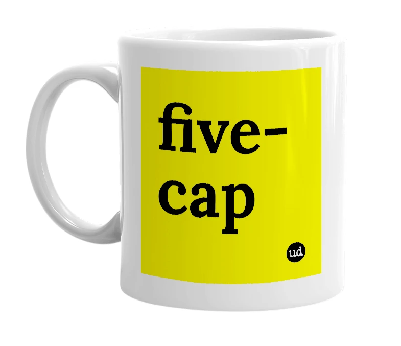 White mug with 'five-cap' in bold black letters