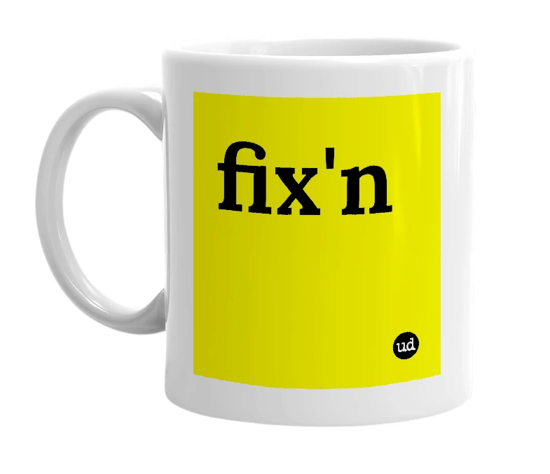 White mug with 'fix'n' in bold black letters