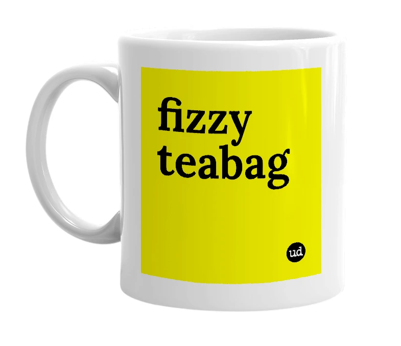 White mug with 'fizzy teabag' in bold black letters