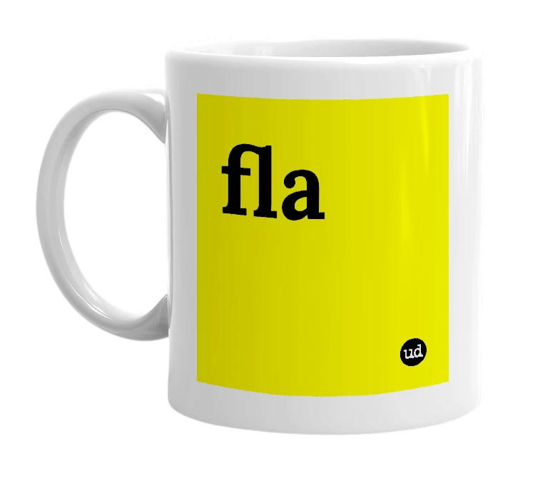 White mug with 'fla' in bold black letters