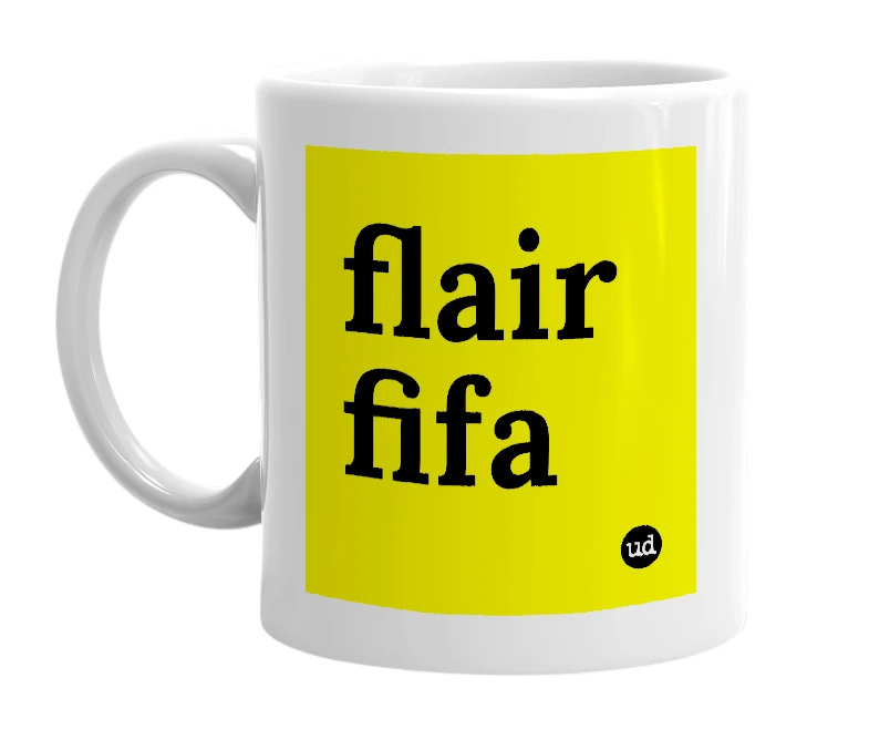 White mug with 'flair fifa' in bold black letters