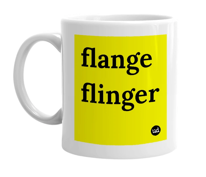 White mug with 'flange flinger' in bold black letters