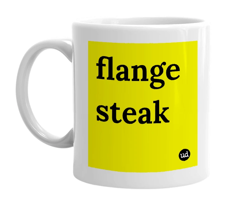 White mug with 'flange steak' in bold black letters