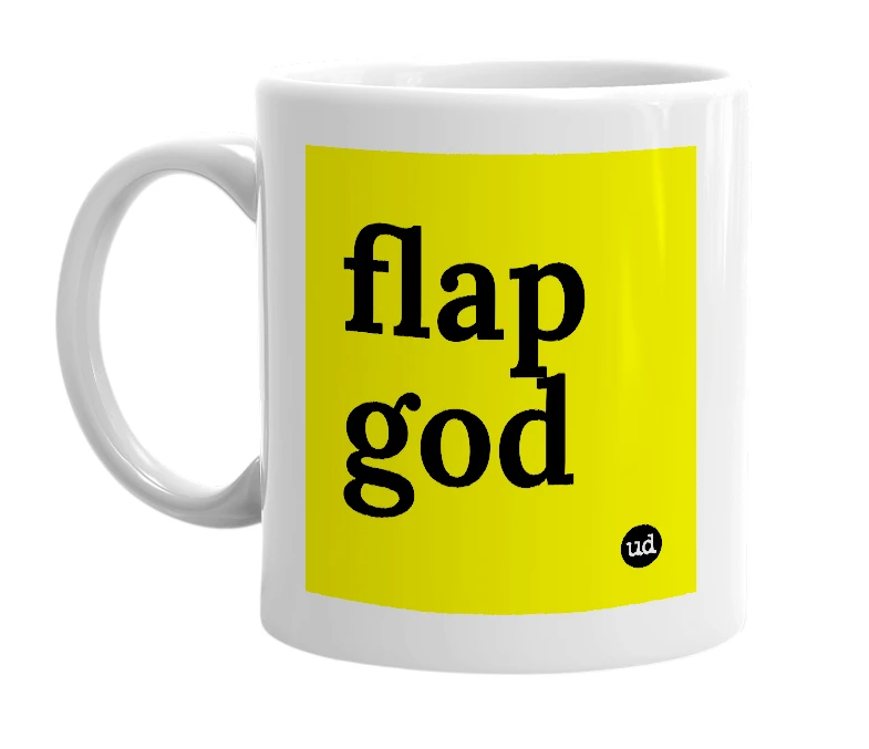 White mug with 'flap god' in bold black letters