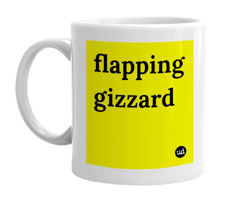 White mug with 'flapping gizzard' in bold black letters