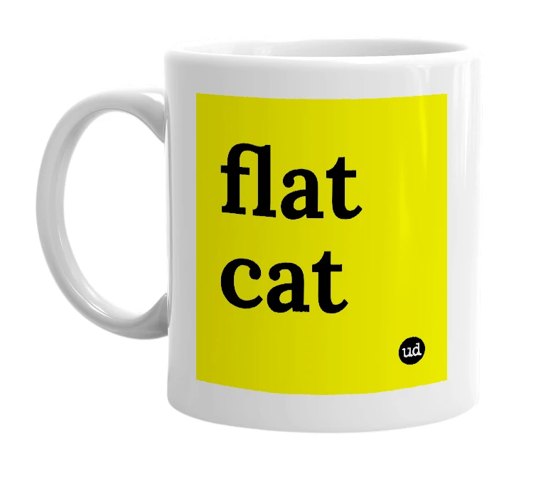 White mug with 'flat cat' in bold black letters