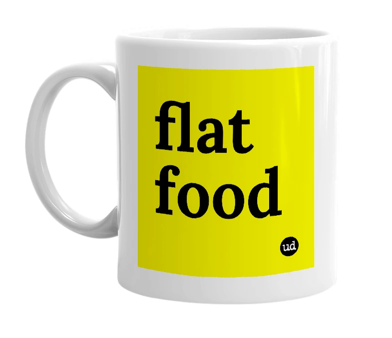 White mug with 'flat food' in bold black letters