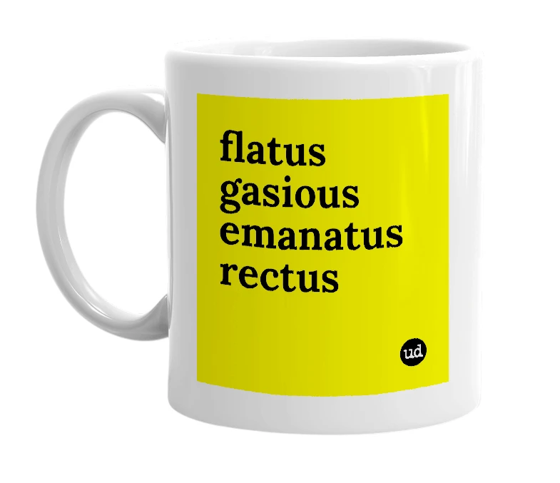 White mug with 'flatus gasious emanatus rectus' in bold black letters