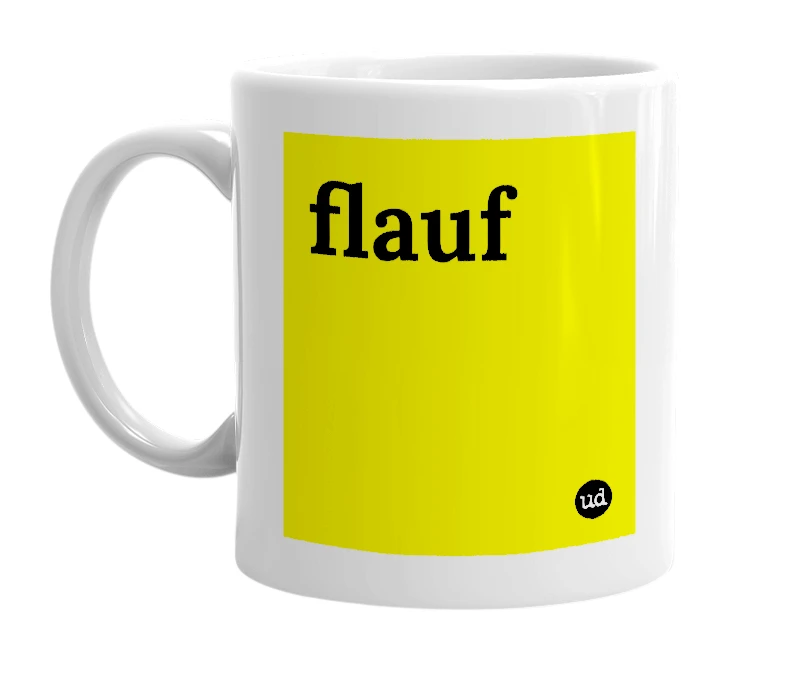 White mug with 'flauf' in bold black letters