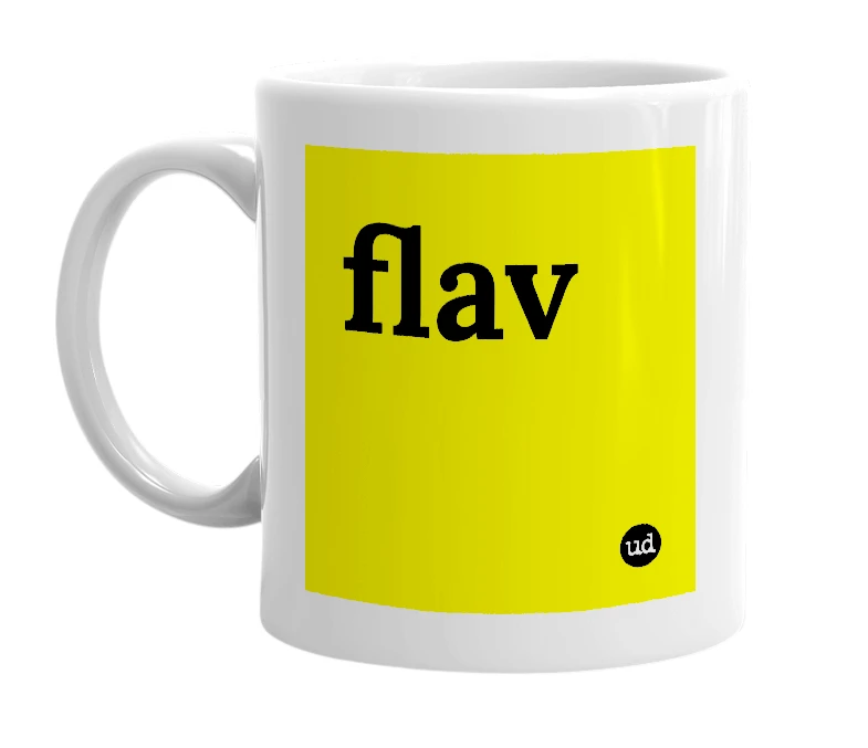 White mug with 'flav' in bold black letters