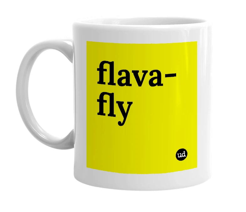 White mug with 'flava-fly' in bold black letters