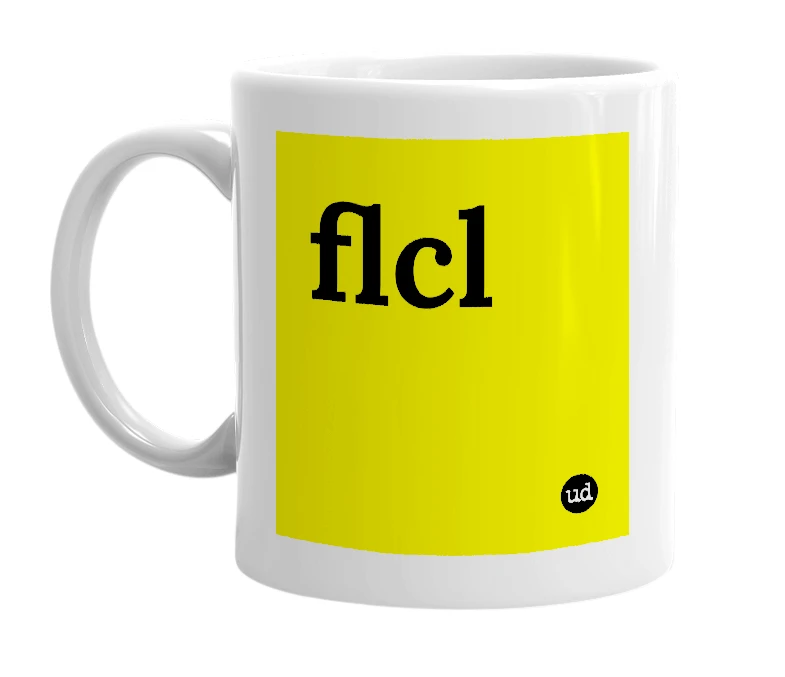 White mug with 'flcl' in bold black letters