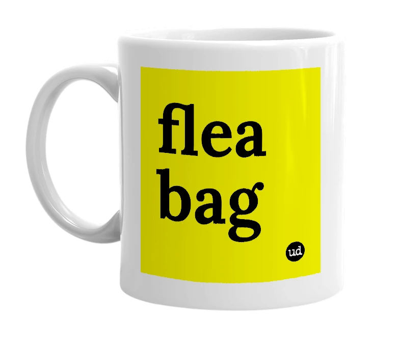 White mug with 'flea bag' in bold black letters