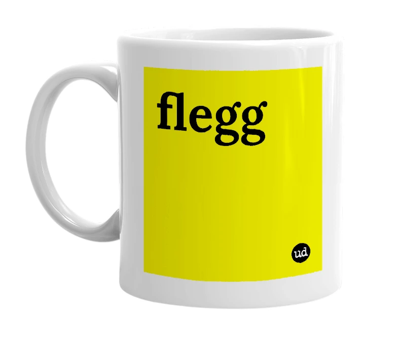 White mug with 'flegg' in bold black letters