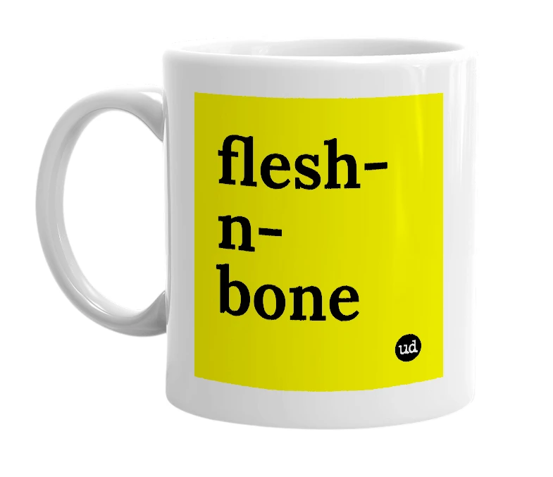 White mug with 'flesh-n-bone' in bold black letters