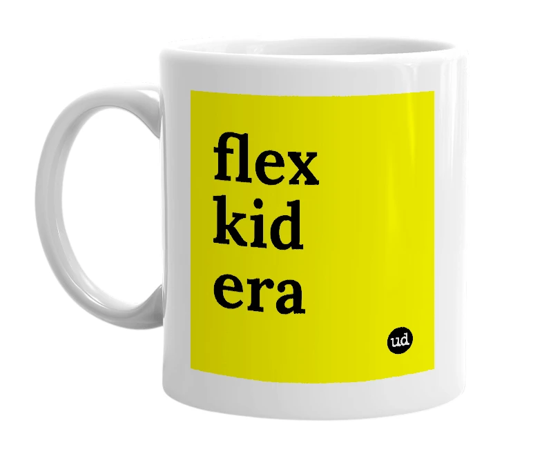 White mug with 'flex kid era' in bold black letters