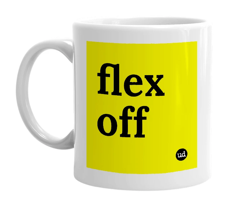 White mug with 'flex off' in bold black letters