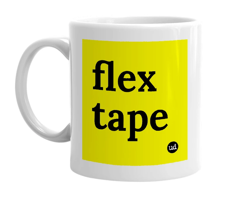 White mug with 'flex tape' in bold black letters