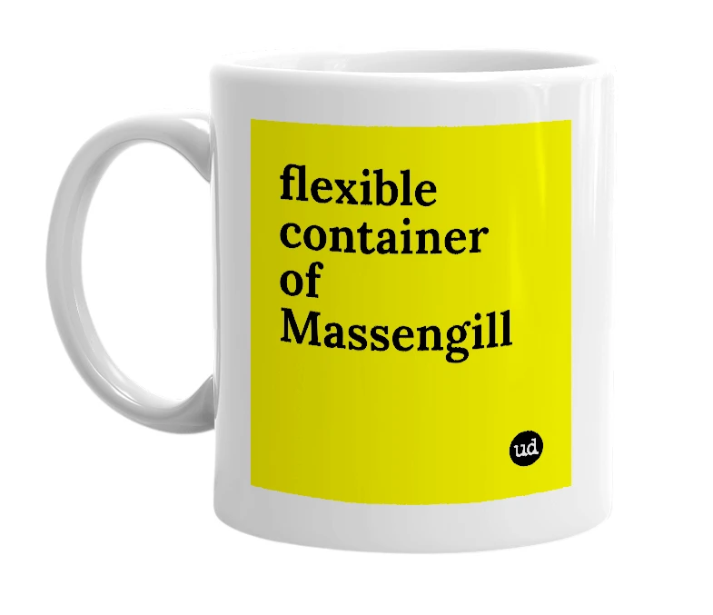 White mug with 'flexible container of Massengill' in bold black letters