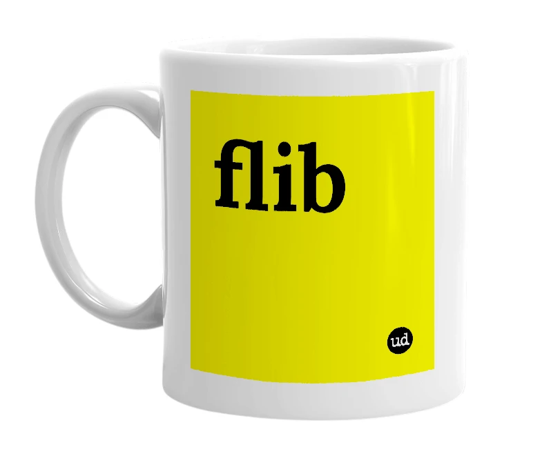 White mug with 'flib' in bold black letters