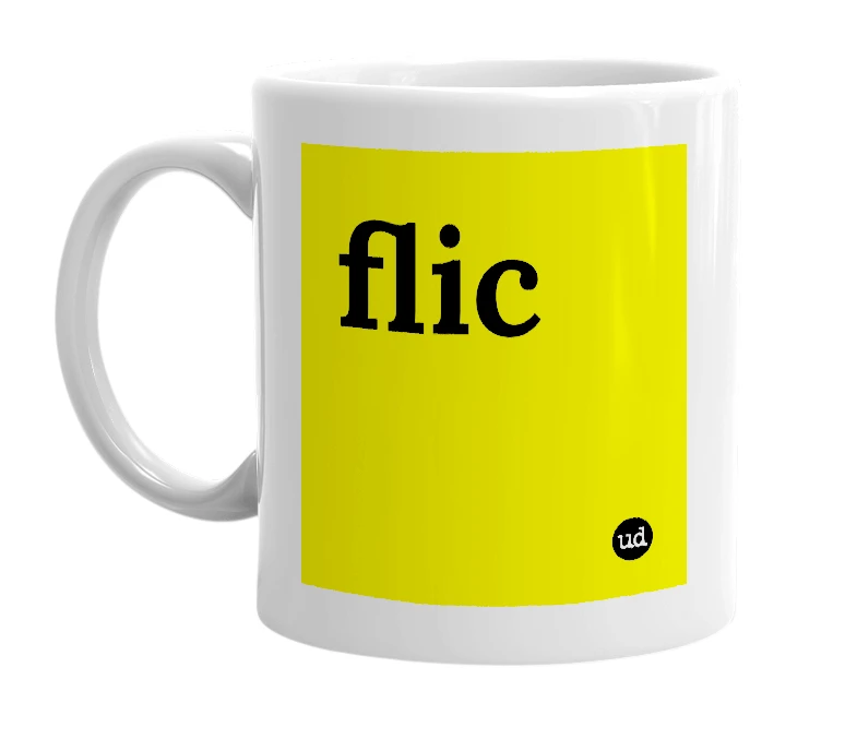 White mug with 'flic' in bold black letters