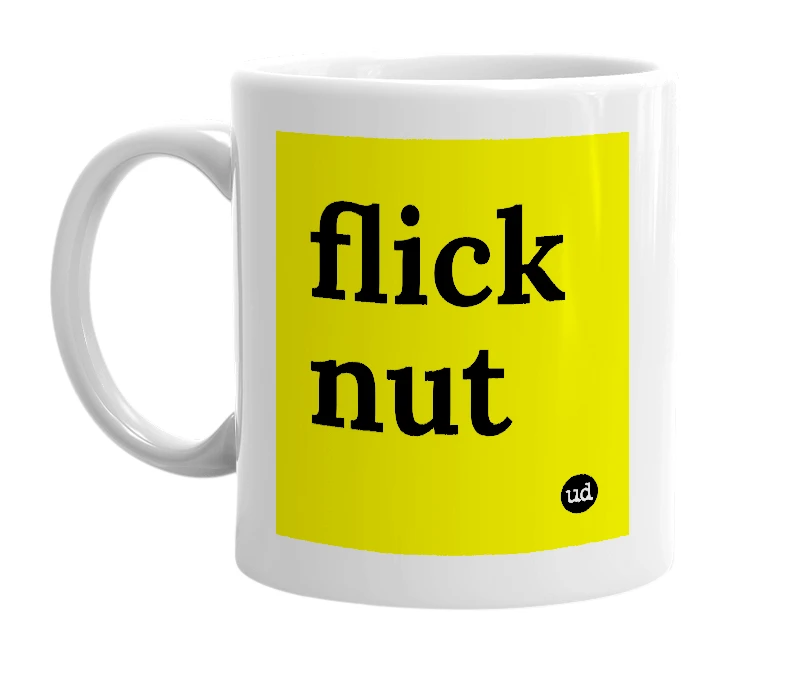 White mug with 'flick nut' in bold black letters