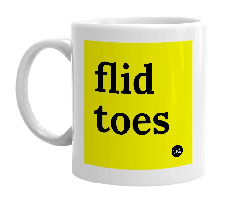 White mug with 'flid toes' in bold black letters